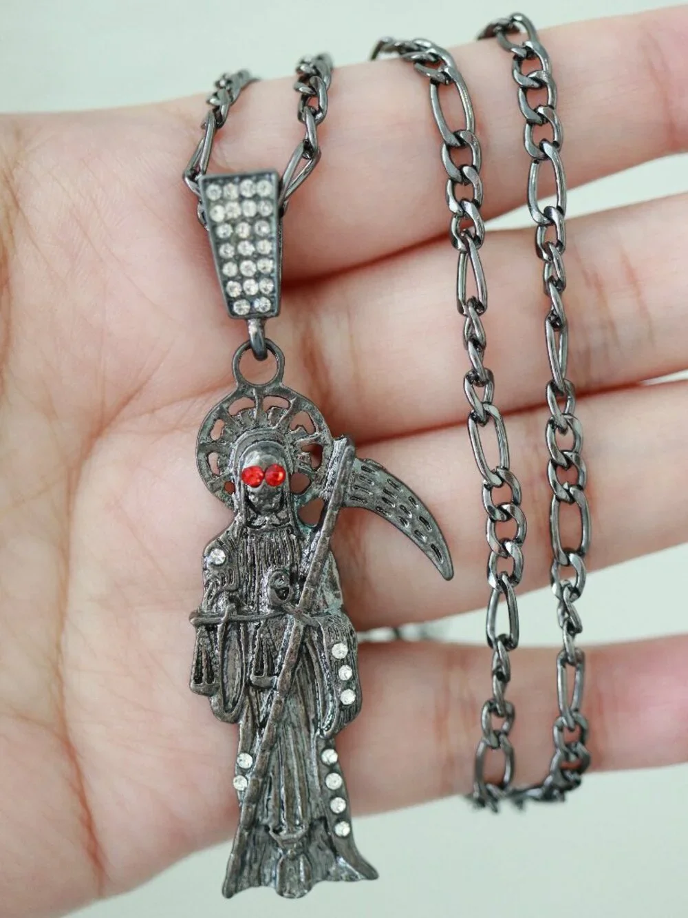 Grim Reaper Black with CZ Stones Style Pendant Necklace